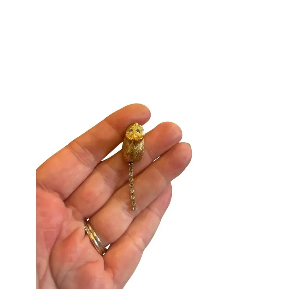 Vintage Gold Tone Mouse Rhinestone Tail Scatter Pin Figural Brooch Whimsical 60s